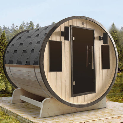 Outdoor White Finland Pine Traditional Barrel Sauna with Black Accents