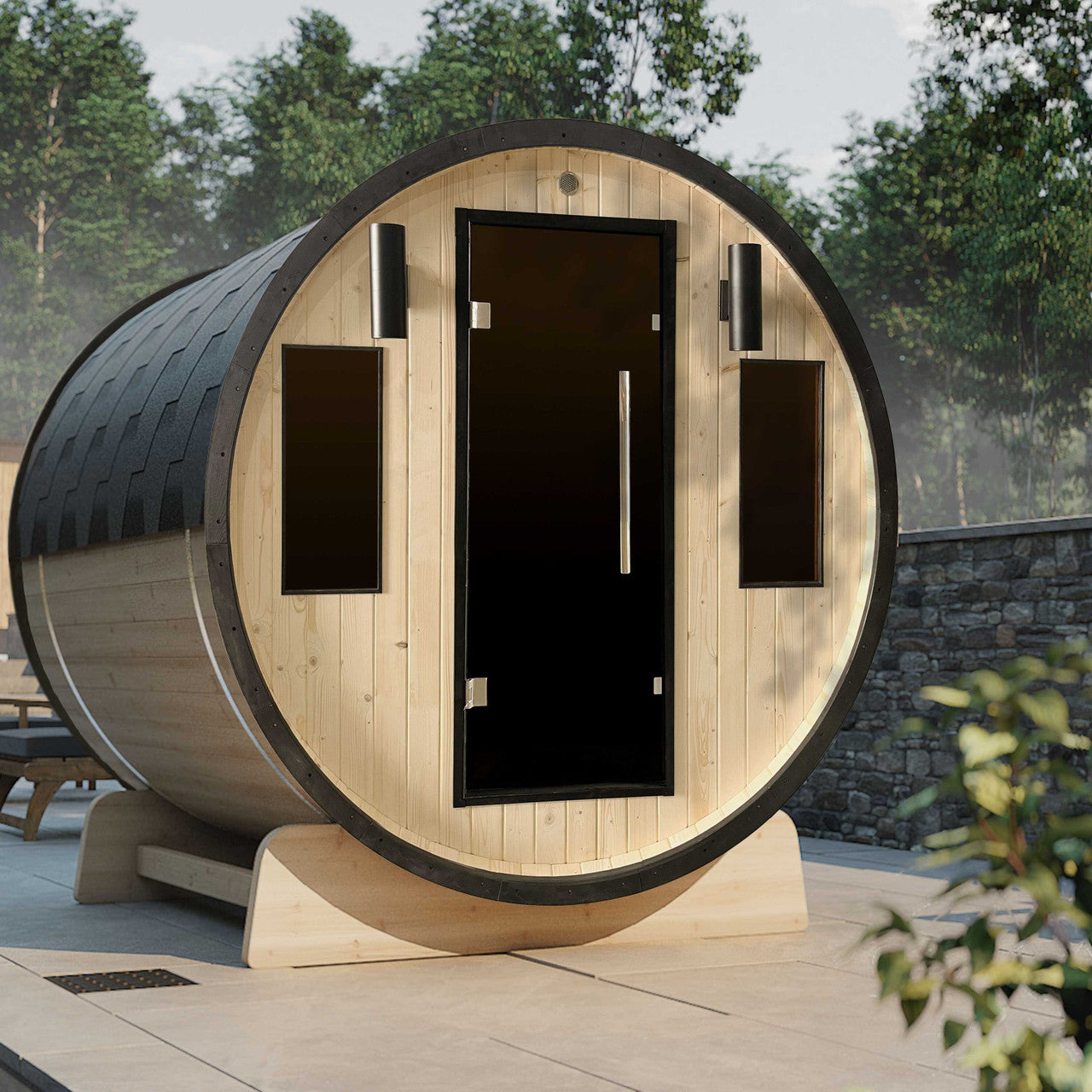 Outdoor White Finland Pine Traditional Barrel Sauna with Black Accents