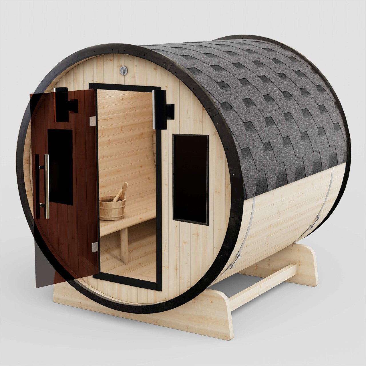 Outdoor White Finland Pine Traditional Barrel Sauna with Black Accents