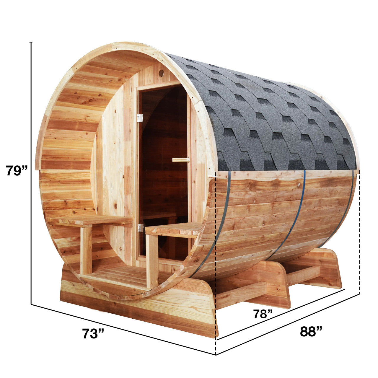 Aleko Outdoor/Indoor Red Cedar Wet/Dry Barrel Sauna - Front Porch Canopy with Panoramic View - Bitumen Shingle Roofing - 6-8 Person