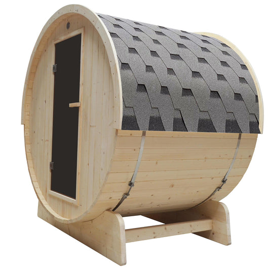 Aleko Outdoor and Indoor White Pine Barrel Sauna - 3-4 Person - 4.5 kW UL Certified Heater - Bitumen Shingle Roofing