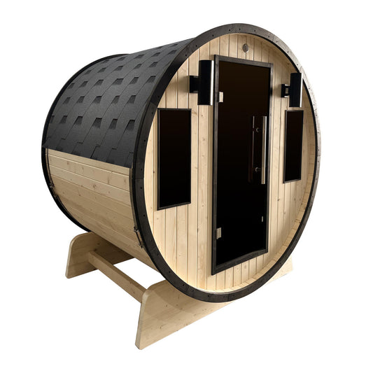 Aleko Outdoor White Finland Pine Traditional Barrel Sauna with Black Accents - 3-4 Person Capacity