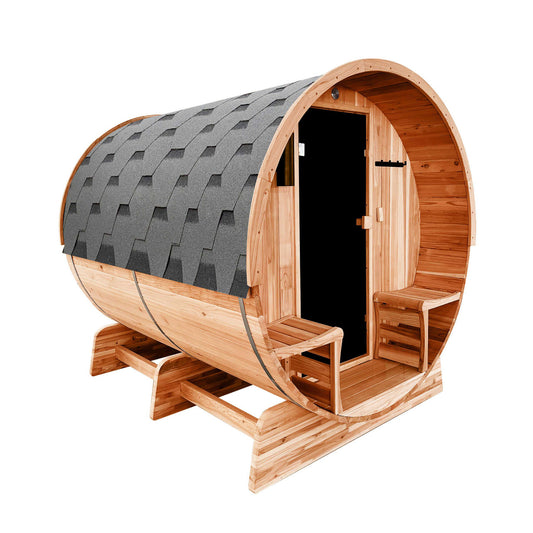Aleko Outdoor Rustic Cedar Barrel Steam Sauna - Front Porch Canopy - UL Certified - 5-6 Person