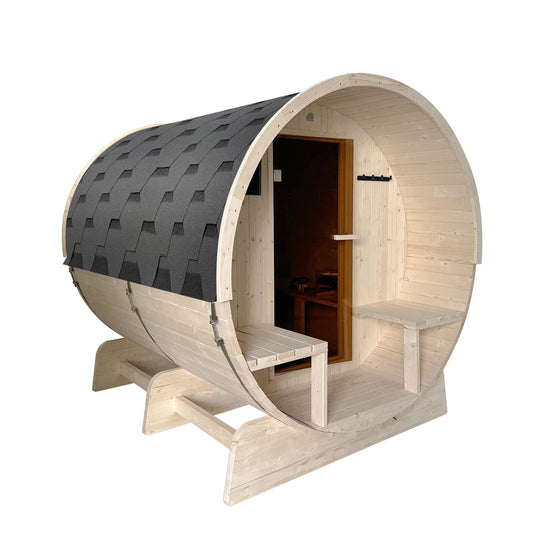 Aleko Outdoor or Indoor White Finland Pine Wet Dry Barrel Sauna - Front Porch Canopy - 8 kW UL Certified KIP Harvia Heater - 6-8 Person